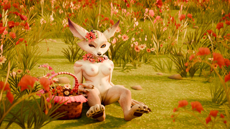 accessory anthro breasts female female_anthro flower flower_in_hair genitals hair hair_accessory medium_breasts nipples one_eye_closed outside pawpads paws plant smile solo spread_legs spreading vulva wink perromalo blizzard_entertainment warcraft canid mammal vulpera 16:9 3d_(artwork) digital_media_(artwork) hi_res widescreen