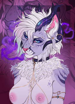 anthro areola armlet biped breasts eyelashes female freckled_face freckled_shoulders freckles front_view fur glistening_eyelids hair horn long_eyelashes looking_at_viewer markings nipple_dip nipples nude nude_anthro nude_female piercing smile solo spot_freckles spots spotted_body spotted_face spotted_fur spotted_shoulders yeenshield felid feline lynx mammal 2026 digital_drawing_(artwork) digital_media_(artwork) hi_res