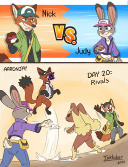 3_toes 4_fingers anthro barefoot baseball_cap black_nose bottomwear clothed clothed_anthro clothed_female clothed_male clothing count day_count electronics feet female female_anthro feral fingers fur grey_body grey_fur group hat headgear headwear hindpaw humanoid_hands jacket jumping male male_anthro microphone multicolored_body multicolored_fur necktie pants paws pink_nose plantigrade pokeball pokemon_battle red_body red_fur shirt smile standing tail text toes topwear two_tone_body two_tone_fur versus white_body white_fur aar0njay disney inktober inktober_2025 nintendo pokemon zootopia judy_hopps nick_wilde canid canine european_rabbit fox generation_4_pokemon generation_8_pokemon lagomorph leporid lopunny mammal oryctolagus pokemon_(species) rabbit red_fox thievul true_fox 2025 english_text hi_res