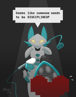 anthro blush clothing dialogue female footwear machine polygonal_speech_bubble shoes solo speech_bubble stepped_on text biskydraws conditional_dnp deltarune undertale_(series) tasque_manager darkner domestic_cat felid feline felis mammal robot 2021 english_text hi_res
