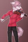 5_fingers anthro bottomwear bowed_string_instrument claws clothed clothing dipstick_ears dress_shirt ear_markings femboy fingers front_view fully_clothed fur hair holding_musical_instrument holding_object male multicolored_ears musical_instrument outline pants pink_hair pink_nose playing_music playing_violin shirt short_hair solo standing string_instrument topwear violin white_body white_fur ikazu borzoi canid canine canis domestic_dog hunting_dog mammal sighthound portrait three-quarter_portrait