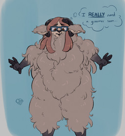 5_fingers anthro blue_background eyewear eyewear_only female fingers fur glasses glasses_only horizontal_pupils looking_down nude pupils rectangular_glasses simple_background solo standing text thought_bubble wearing_glasses wool_(fur) cinnamimi tea_rivers bovid caprine mammal sheep 2024 digital_media_(artwork) english_text hi_res