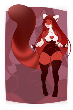 anthro clothing eye_markings female footwear fur gloves_(marking) hair highlights_(coloring) latex latex_clothing legwear long_hair markings red_background red_body red_fur red_hair red_highlights simple_background smile smiling_at_viewer smirk solo stockings striped_markings striped_tail stripes tail tail_markings thigh_highs wide_hips picanori fulgencia_ailura_(nickzilla) ailurid mammal red_panda 2:3 absurd_res hi_res