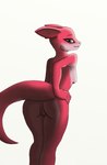 anthro biped blue_eyes blue_nipples breasts butt female genitals looking_at_viewer looking_back looking_back_at_viewer nipples non-mammal_breasts nude pink_body presenting presenting_hindquarters presenting_pussy pussy reptile_tail side_boob simple_background smile solo how-about sienna_(character) kobold reptile scalie hi_res