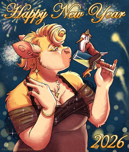 alcohol anthro beverage blonde_hair breasts champagne clothed clothed_anthro clothed_female clothed_male clothing dress duo feathers female fireworks fur hair hat headgear headwear holidays male male/female night party_hat tan_body tan_fur white_body white_feathers kantachibli new_year new_year_2026 clover_(kantachibli) phillip_(kantachibli) avian bird bovid bovine cattle heron mammal pelecaniform 2025