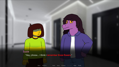 adolescent anthro bottomwear ceiling clothing covered_eyes door duo female green_clothing hair hallway jacket long_hair pants pattern_clothing purple_body purple_clothing purple_eyes striped_clothing stripes text text_box topwear white_clothing white_wall yellow_sclera young creamandbigstan deltarune kris_where_are_we remember_the_flowers undertale_(series) kris_dreemurr susie_(deltarune) human mammal monster reptile scalie 2025 crossover english_text hi_res meme nonbinary_(lore)