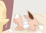 2018 >_< ambiguous_gender bed brown_body duo eevee eyes_closed feral furniture generation_1_pokemon get_it_go lying neck_tuft nintendo on_bed on_front pikachu pokemon pokemon_(species) side_view tuft yellow_body