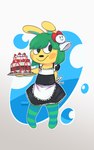 anthro cake clothed clothing crossdressing dessert embarrassed femboy food fur green_hair hair looking_away maid_uniform male solo stripe_stocking uniform yellow_body yellow_fur crushpepper animal_crossing nintendo sanrio toby_(animal_crossing) lagomorph leporid mammal rabbit absurd_res hi_res