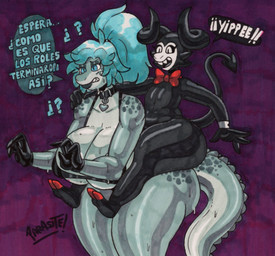 2_horns 4_fingers abstract_background anthro big_breasts big_butt bikini black_bikini black_body black_clothing black_gloves black_handwear black_sclera black_skin black_swimwear blue_eyes blue_hair bodily_fluids bottom_heavy bow_tie breasts bubble_butt butt carrying_another clothed clothing collar curled_horn curvy_figure dialogue duo eyelashes eyeshadow female femboy fingers glistening glistening_arms glistening_body glistening_breasts glistening_legs glistening_scales glistening_tail glistening_thighs gloves grey_body grey_eyeshadow grey_scales grey_spots hair handwear hooves horn huge_breasts huge_butt huge_hips huge_thighs long_hair long_tail makeup male male/female markings motion_lines multicolored_body multicolored_scales nude nude_humanoid nude_male open_mouth open_smile piggyback pointed_tail ponytail scales sharp_teeth skimpy skimpy_bikini smile snout spots spotted_body spotted_scales sweat sweatdrop swimwear tail teeth text thick_thighs two-piece_swimsuit voluptuous voluptuous_anthro voluptuous_female white_eyes wide_hipped_anthro wide_hipped_female wide_hipped_male wide_hips parasitedeath daisy_diaz el_diablo_(parasitedeath) alligator alligatorid crocodilian demon demon_humanoid horned_humanoid humanoid reptile scalie tailed_humanoid 2026 artist_name graphite_(artwork) hi_res marker_(artwork) signature spanish_text traditional_media_(artwork) translation_check translation_request