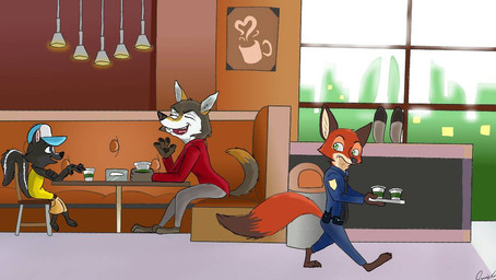 anthro barefoot beverage blue_eyes claws container cup diner dipstick_ears dipstick_tail ear_markings eyes_closed feet female fur green_eyes group holding_object inner_ear_fluff inside male markings multicolored_ears multicolored_tail pawpads restaurant size_difference tail tail_markings toe_claws trash_can tray tuft walking quirky-middle-child disney legend_of_ahya zootopia fan_character judy_hopps murana_wolford_(darkflame-wolf) nick_wilde steven_stinkman canid canine canis fox lagomorph leporid mammal mephitid rabbit red_fox skunk true_fox wolf 2017