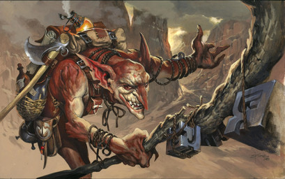 axe backsack bald balls bottle canyon cloud container genitals gesture hand_gesture holding_object holding_staff humanoid_pointy_ears long_nose male not_furry open_mouth pointing pointy_ears pouch_(clothing) red_body smile solo staff jesper_ejsing hasbro magic:_the_gathering wizards_of_the_coast goblin humanoid 2008 hi_res official_art