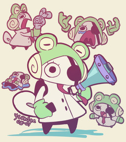 ambiguous_gender anthro clothed clothing green_body looking_at_viewer megaphone simple_background smile solo tail ysundae ratatan keroronpa_(ratatan) amphibian frog 2024 collage_(artwork) digital_drawing_(artwork) digital_media_(artwork) hi_res meme signature sketch