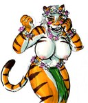 abs anthro big_breasts bottomwear breasts clothed clothing female flower flower_crown grass_skirt happy leaning leaning_forward loincloth loincloth_only nipples plant smile solo thick_thighs topless shybird naranja_(shybird) felid mammal pantherine tiger hi_res