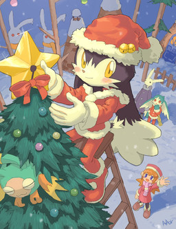anthro bell black_body black_fur blush christmas_clothing christmas_headwear christmas_tree clothing costume female fur green_body green_fur group hat headgear headwear holidays jingle_bell kemono looking_at_viewer male outside plant santa_costume santa_hat snow tree yellow_eyes young young_anthro young_male amber_graygamma bandai_namco christmas klonoa_(series) king_of_sorrow klonoa lolo_(klonoa) domestic_cat felid feline felis haplorhine mammal monkey moo_(klonoa) primate 2023 hi_res