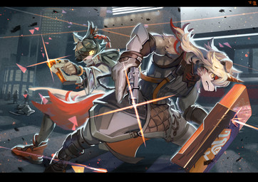 anthro black_body black_clothing black_hair black_shirt black_tank_top black_topwear clothed clothing countershading fur group gun hair male multicolored_body multicolored_fur multicolored_hair orange_body orange_fur orange_hair ranged_weapon shield shirt tank_top topwear weapon white_body white_fur white_hair itohiro0305 arknights hypergryph studio_montagne aak_(arknights) hung_(arknights) canid canine canis domestic_dog felid mammal pantherine 2020 hi_res