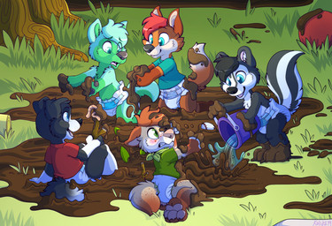 anthro black_body black_fur blue_eyes bucket container curled_tail diaper fur grass green_body green_fur group male messy mud orange_body orange_fur outside pawpads paws plant playful puddle splash splashing_water tail tree water white_body white_fur young young_anthro young_male pupspace kovuthehusky kuperfox canid canine canis collie domestic_dog fox herding_dog husky mammal mephitid nordic_sled_dog pastoral_dog sheepdog skunk spitz wolf hi_res