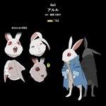 ambiguous_gender anthro buckteeth clothing exclamation_point eyes_closed fur happy long_ears multiple_expressions red_eyes smile solo teeth text white_body white_fur unknown_artist danmachi arles_(danmachi) lagomorph leporid mammal rabbit 1:1 japanese_text