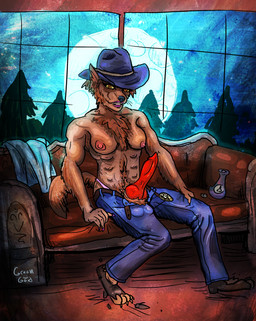 animal_genitalia animal_penis anthro breasts canine_genitalia canine_penis chest_tuft clothing cowboy_hat full_moon furniture genitals gynomorph hat headgear headwear intersex knot moon multi_breast penis potion_bottle sofa solo tail torn_clothing torn_shoes transformation tuft yellow_eyes greengod mythology canid canine canis mammal mythological_canine mythological_creature werecanid werecanine werecreature werewolf wolf absurd_res hi_res