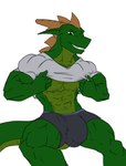 abs anthro back_spikes biceps big_bulge big_muscles bulge clothed clothing clothing_lift detailed_bulge genital_outline huge_bulge male muscular muscular_male penis_outline shirt smile solo spikes spikes_(anatomy) t-shirt tail tight_clothing tight_shirt tight_topwear topwear underwear saruuk sar lizard reptile scalie 2019 hi_res