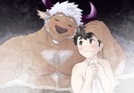 abs anthro big_pecs blush bodily_fluids brown_body brown_fur duo eyes_closed fur hair holding_head holding_partner horn hot_spring human_on_anthro interspecies larger_anthro male male/male muscular muscular_anthro muscular_male nipples nude onsen pecs size_difference smaller_human smile sweat towel water white_hair bbrt534 lifewonders tokyo_afterschool_summoners bandaid_protagonist_(tas) protagonist_(tas) shennong_(tas) bovid bovine cattle human mammal