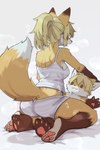 anthro biped black_nose blonde_hair blush breasts brown_body brown_fur clothed clothing duo eyebrows female fingers fur hair kneeling male open_mouth orange_body orange_fur pawpads simple_background smile white_background white_body white_fur gayoku_midara canid canine fox mammal hi_res