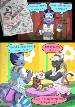 ageplay anthro clothed clothing crossdressing diaper duo femboy feminization hair humiliation infantilism male male/male roleplay tea_party text ahcocqui demon humanoid kobold scalie absurd_res comic digital_media_(artwork) english_text hi_res