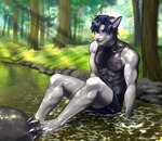 abs anthro athletic athletic_anthro athletic_male bedroom_eyes bottomwear claws clothed clothing forest forest_background male muscular narrowed_eyes nature nature_background pecs plant river seductive serratus shorts solo tree wet wet_clothing pize domestic_cat felid feline felis mammal