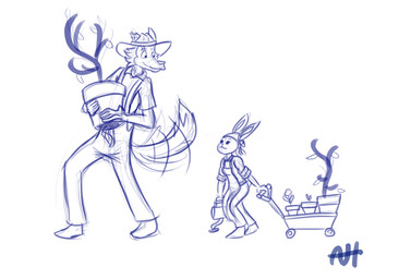 anthro cart clothing duo female gardening gardening_tool hat headgear headwear kerchief larger_male male plant size_difference smaller_female tail tail_motion tailwag watering_can aleks_howes beastars haru_(beastars) legoshi_(beastars) canid canine canis domestic_rabbit dwarf_rabbit lagomorph leporid mammal oryctolagus rabbit wolf blue_and_white hi_res monochrome sketch