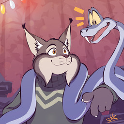 anthro blue_body blue_scales clothed clothing duo feral fur grey_body grey_fur happy male scales smile sweater topwear doraemonbasil disney zootopia gary_de'snake pawbert_lynxley canada_lynx felid feline lynx mammal pit_viper reptile scalie snake viper 1:1