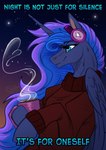 beverage clothing coffee coffee_mug cozy electronics feral headphones horn night sky smiley_face star starry_sky sweater text topwear wings sunny_way friendship_is_magic hasbro my_little_pony mythology princess_luna_(mlp) equid equine horse mammal mythological_creature mythological_equine pony winged_unicorn half-length_portrait hi_res portrait