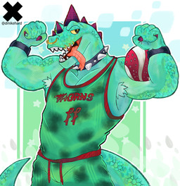 anthro armpit_hair basketball_uniform body_hair bottomwear claws clothed clothing collar facial_piercing flexing flexing_bicep flexing_both_biceps green_body green_bottomwear green_clothing green_scales green_shirt green_shorts green_topwear head_spikes male mouth_piercing muscular muscular_anthro muscular_male nose_piercing piercing purple_claws purple_spikes scales shirt shorts solo spikes spikes_(anatomy) sportswear studded_collar studs tail tongue tongue_out topwear uniform yellow_sclera thedoge28 goat_(movie) sony_corporation sony_pictures modo_olachenko komodo_dragon lizard monitor_lizard reptile scalie 2026 absurd_res digital_media_(artwork) hi_res