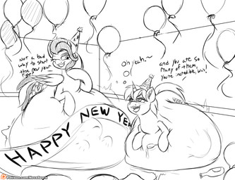 alcohol ambiguous_gender ambiguous_prey balloon belly beverage big_belly blush bubble clothing container cup cutie_mark dialogue drinking_glass drunk duo female female_pred feral feral_pred fully_inside glass glass_container glass_cup half-closed_eyes hat headgear headwear holidays horn huge_belly hyper hyper_belly inflatable inner_ear_fluff mass_vore multiple_prey narrowed_eyes offscreen_character one_eye_closed oral_vore party party_hat patreon_logo smile substance_intoxication text tuft vore wine wine_bottle wine_glass wings novaspark hasbro my_little_pony mythology new_year patreon fan_character equid equine mammal mythological_creature mythological_equine pegasus unicorn english_text hi_res monochrome sketch url
