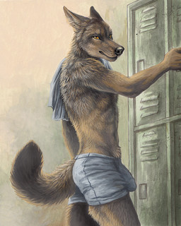 abstract_background anthro biped black_body black_fur black_lips black_nose boxers_(clothing) bulge clothed clothing dark_body dark_fur detailed_bulge detailed_fur ears_back fluffy fluffy_tail fur furgonomics genital_outline humanoid_hands inner_ear_fluff lips locker locker_room long_mouth looking_at_viewer male no_sclera penis_outline pivoted_ears side_view snout solo standing tail tail_clothing topless tuft underwear yellow_eyes rukis forester_universe love_match rocky_n'guwe canid canine canis jackal mammal acrylic_painting_(artwork) detailed painting_(artwork) traditional_media_(artwork) traditional_painting_(artwork)