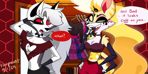 4_arms alternate_costume anthro arm_tuft bangs big_breasts bisexual_pride_colors black_bottomwear black_clothing black_shorts bottomwear bra breasts cartoon_freckles cleavage cleavage_cutout closet clothed clothed_anthro clothed_female clothing clothing_swap collar cutout dialogue duo eyelashes facial_tuft female fingerless_gloves fire flaming_hair freckled_face freckles fur gloves gloves_(marking) grey_body grey_fur grey_hair hair hair_over_eye handwear lgbt_pride long_eyelashes long_hair markings midriff multi_arm multi_limb pattern_bottomwear pattern_clothing pattern_skirt pink_eyes plaid plaid_bottomwear plaid_clothing plaid_skirt pride_color_bottomwear pride_color_clothing pride_color_skirt pride_colors pseudo_hair red_bottomwear red_clothing red_sclera red_shorts shirtless shorts shoulder_tuft skirt spiked_collar spikes text tuft underwear white_body white_eyes white_fur yellow_body yellow_fur yellow_sclera starpaintart hellaverse helluva_boss mythology loona_(helluva_boss) queen_bee-lzebub_(helluva_boss) arthropod bee canid canid_demon canine demon fox hellhound hymenopteran insect mammal mythological_canine mythological_creature 2024 english_text hi_res