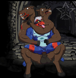 2_heads 5_toes abdominal_bulge anal anal_penetration animal_genitalia animal_penis anus background_image balls beaten beta_design blood blue_body bodily_fluids brown_body darkened_genitalia equine_genitalia equine_penis fangs feet foreskin genitals grey_hair hair hoof_hands hooves male male/male mask multi_head multicolored_body nipples no_pupils penetration penis sex slightly_chubby small_penis teeth toes tongue tongue_out yellow_sclera fafnir_stardust_(artist) fear_and_hunger mythology unnamed_character dragon equid equine horse mammal monster mythological_creature mythological_scalie scalie undead zombie hi_res