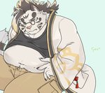 anthro belly bottomwear clothing cute_fangs eyewear fangs fur glasses humanoid_hands kemono male navel overweight overweight_anthro overweight_male pants shirt simple_background solo teeth topwear white_body white_fur cddi_h lifewonders tokyo_afterschool_summoners licho_(tas) felid mammal pantherine tiger 2020