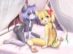 anthro bed blonde_hair blush breasts butt duo female furniture hair inner_ear_fluff kemono loli nude on_bed pawpads purple_hair short_hair sitting small_breasts tuft wings young young_anthro mcsadat touhou flandre_scarlet remilia_scarlet canid canine canis domestic_dog mammal