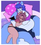 ambiguous/ambiguous ambiguous_gender anthro bed belly blue_body blue_fur blue_hair blue_lips bra brown_body brown_fur brown_hair clothing cuddling duo enjoying eyes_closed eyewear fur furniture glasses hair hug hugging_another hugging_belly lips on_bed one_eye_closed overweight overweight_anthro pillow purple_eyes shirt topwear underwear wings arcadebunni 2024 digital_drawing_(artwork) digital_media_(artwork) hi_res