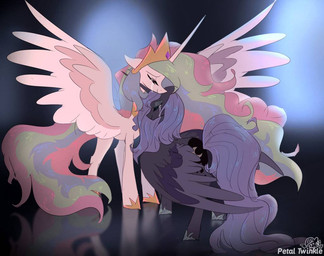 blue_body blue_feathers blue_fur blue_hair blue_tail bodily_fluids clothing crown crying cutie_mark duo eyelashes eyes_closed feathered_wings feathers female feral footwear fur green_hair green_tail hair headgear horn long_horn multicolored_hair multicolored_tail pink_hair pink_tail shoes smile spread_wings tail tears white_body white_feathers white_fur wings petaltwinkle friendship_is_magic hasbro my_little_pony mythology princess_celestia_(mlp) princess_luna_(mlp) equid equine mammal mythological_creature mythological_equine winged_unicorn 2023 digital_media_(artwork) signature