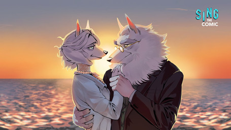 anthro clothing duo elderly eyewear female fluffy glasses husband_and_wife jewelry male male/female married_couple necklace romantic romantic_couple suit sunset water crystal_ice illumination_entertainment sing_(movie) charles_crystal claire_crystal arctic_wolf canid canine canis mammal wolf 16:9 hi_res watermark widescreen