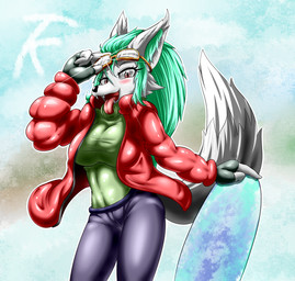 anthro big_breasts blush bottomwear breasts clothed clothing coat eyewear female fur gloves goggles green_body green_fur green_hair grey_body grey_fur hair handwear looking_at_viewer open_mouth pants shirt snow snowboard solo teeth tongue tongue_out topwear white_body white_fur yellow_eyes tailzkim canid canine canis mammal wolf 2015 digital_media_(artwork) hi_res