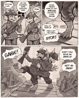 anthro armor belt booby_trap clothing dialogue duo feet gun headgear helmet horn male military military_uniform open_mouth puttees ranged_weapon rifle soldier text uniform warrior weapon goobone kobold scalie 2026 4:5 comic english_text hi_res monochrome
