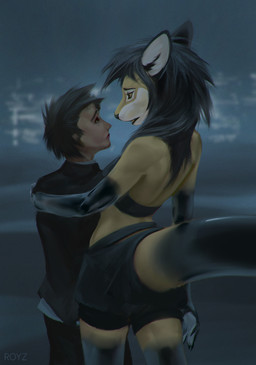 depressive duo female hug latex male male/female night sad conditional_dnp royz alyx_(latex) canid canine canis domestic_cat felid feline felis human hybrid lynx mammal wolf hi_res