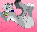 anthro bed bed_sheet bedding bell bell_collar blue_collar blue_eyes butt collar controller dipstick_ears dipstick_fingers dipstick_tail dipstick_toes ear_markings eyewear femboy fur furniture game_controller gaming glasses gold_bell grey_body hair legs_up looking_at_viewer looking_back looking_back_at_viewer lying lying_on_bed male markings multicolored_ears nude nude_anthro nude_male on_bed on_front pink_nose pink_sheets playing_video_game raised_tail rear_view simple_background smile solo spots spotted_markings tail tail_markings slushie-nyappy-paws nintendo nintendo_switch pokemon nixuelle domestic_cat egyptian_mau felid feline felis mammal 2025 digital_media_(artwork) hi_res