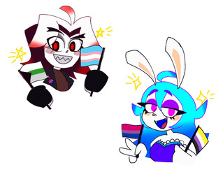 4_fingers anthro badge bisexual_pride_colors black_clothing black_coat black_eyebrows black_eyes black_handwear black_mittens black_topwear blue_clothing blue_hair blue_shirt blue_topwear blush brown_clothing brown_shirt brown_topwear clothed clothed_anthro clothed_female clothed_humanoid clothed_male clothing coat demiromantic_pride_colors duo eye_through_hair eyebrow_through_hair eyebrows eyelashes fangs female female_anthro fingers flag flag_(object) fur gesture grey_teeth hair half-closed_eyes hand_gesture handwear holding_flag holding_object lgbt_pride long_ears long_hair looking_at_viewer male male_humanoid medium_hair mittens narrowed_eyes no_pupils nonbinary_pride_colors open_clothing open_coat open_mouth open_smile open_topwear pride_colors pupils purple_eyebrows purple_eyelids purple_eyes purple_line_art red_hair red_pupils red_tongue shirt simple_background smile smiling_at_viewer sparkles star_(shape) tan_inner_ear tan_nose teeth thick_eyebrows tongue topwear transgender_pride_colors translucent translucent_hair v_sign white_background white_body white_fur white_hair bunnylean17 bandai_namco mario_bros mario_plus_rabbids_sparks_of_hope nintendo pac-man_(series) pac-man_and_the_ghostly_adventures raving_rabbids rayman_(series) ubisoft betrayus midnite_(mario_plus_rabbids) ghost humanoid hybrid lagomorph mammal rabbid spirit 2022 colored_line_art crossover digital_drawing_(artwork) digital_media_(artwork) english_description flat_colors hi_res spanish_description trans_(lore) trans_man_(lore)