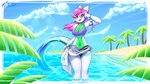 anthro beach bikini blue_markings bow_ribbon clothed clothing curvy_figure detailed_background eyewear female green_body green_scales hair horn looking_at_viewer markings navel open_mouth outside palm_tree partially_submerged pink_hair plant sand sarong scales seaside sky smile solo sunglasses swimwear tail topwear tree two-piece_swimsuit water white_body shiny_astrem mythology arsenth_neodal dragon mythological_creature mythological_scalie scalie wingless_dragon 16:9 2022 absurd_res digital_media_(artwork) hi_res widescreen