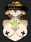 anthro big_breasts breasts covered_nipples ears_down exposed_breasts female intrusive_thoughts markings pivoted_ears sad solo tattoo tears_of_sadness simz_art plush_(character) domestic_cat felid feline felis mammal bust_portrait hi_res portrait