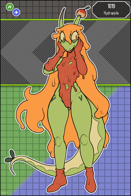 anthro black_border border clothing female flat_chested footwear genitals goo_hair green_body hair horn long_hair nipples open_mouth open_smile orange_hair pokemorph pose pseudo_clothing pseudo_hair red_body slime smile solo tail vulva freepancakes nintendo pokemon freya_agalith generation_9_pokemon hydrapple pokemon_(species) 2025 2:3 absurd_res hi_res pinup