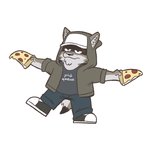 anthro biped black_nose bottomwear clothed clothing denim denim_bottomwear denim_clothing food footwear fully_clothed fur grey_body grey_fur hat headgear headwear holding_food holding_object hoodie inner_ear_fluff jeans male pants pizza shoes simple_background slightly_chubby sneakers solo topwear tuft white_background heyitscousindave cousin_dave canid canine canis coyote mammal 1:1 2020 digital_media_(artwork) hi_res