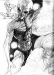 clothing dancing male pole pole_dancing solo unknown_artist x-com alien sectoid hi_res monochrome pen_(artwork) traditional_media_(artwork)